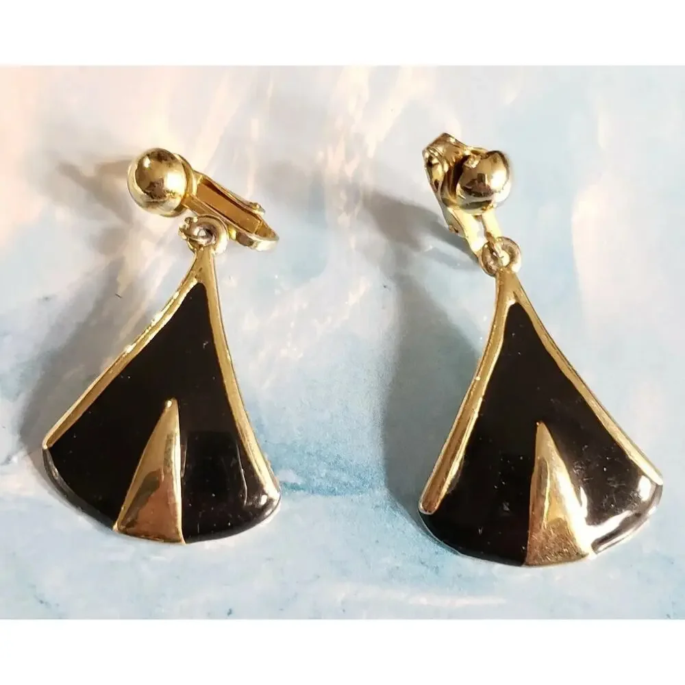 Vintage Dangle Clip on Earrings Gold‎ & Black Enameled 1.5